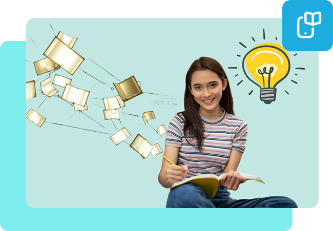 a woman studying with ideas bouncing off her