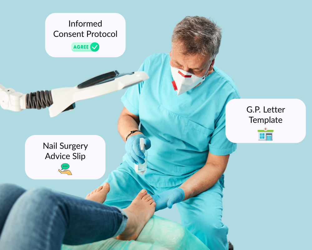 typical clinical scene with floating graphics of example templates that could be used